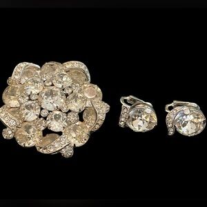 Eisenberg Vintage Brooch Clip On Earrings Austrian Rhinestone Crystal Silvertone